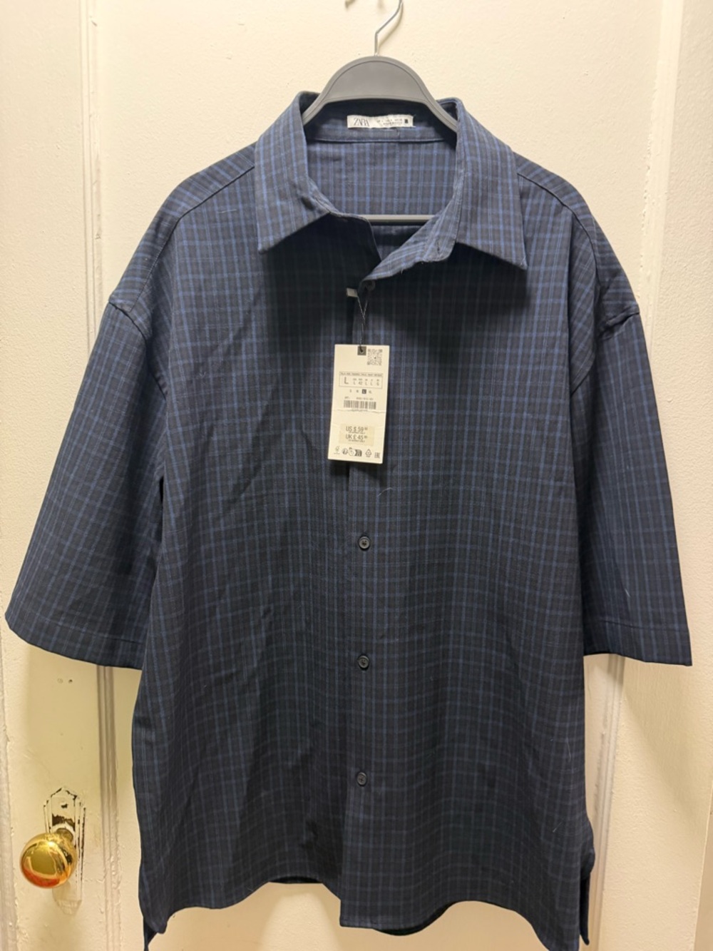 Zara Men's Navy Checked Short Sleeve Button-Down Shirt